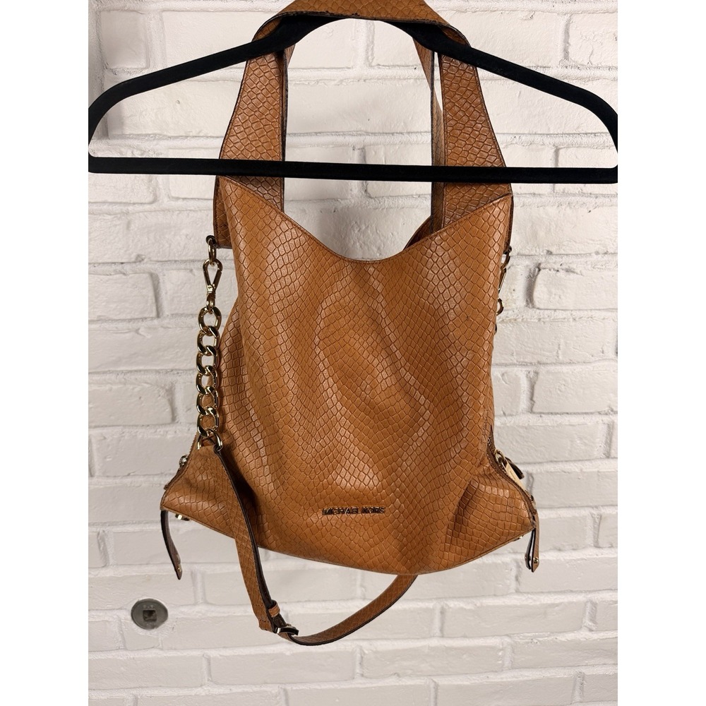 Michael Kors Brown Woven Leather Hobo Shoulder Bag‎ Gold Chain Large Tote